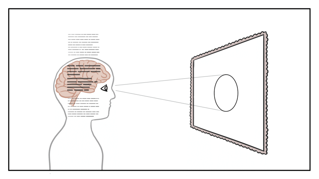 Person looking at a big picture but seeing only a tiny fracture of it.