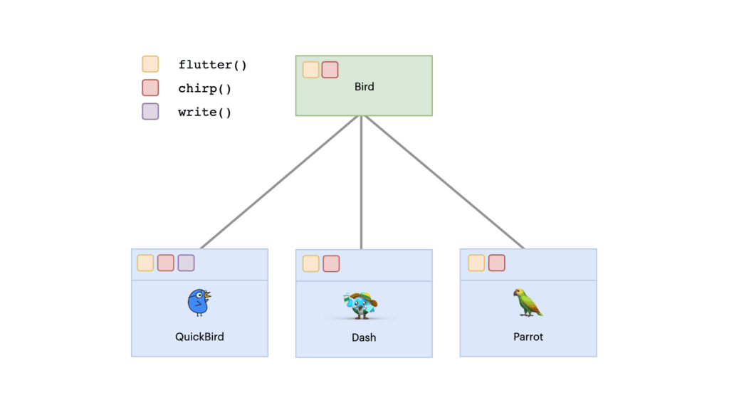Class diagram: QuickBird, Dash and Parrot classes all inherit from the Bird class.