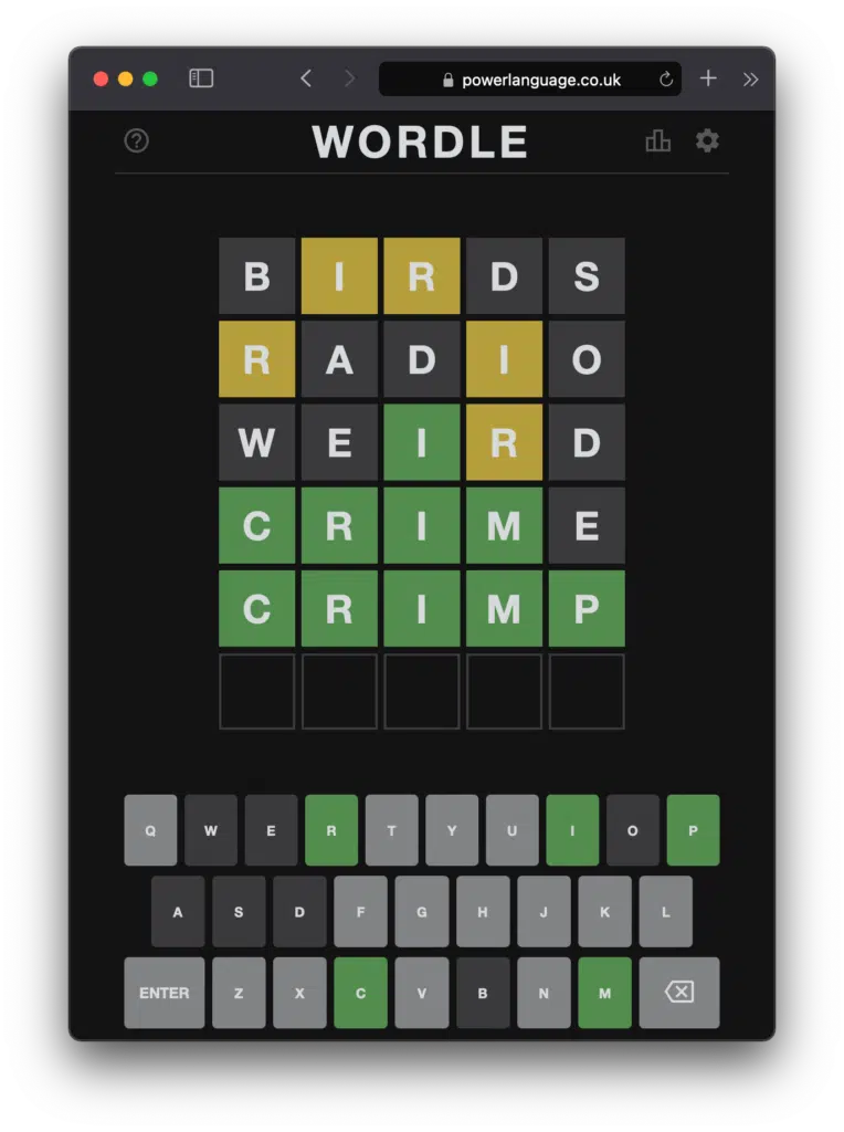 Screenshot of the official Wordle game by Josh Wardle